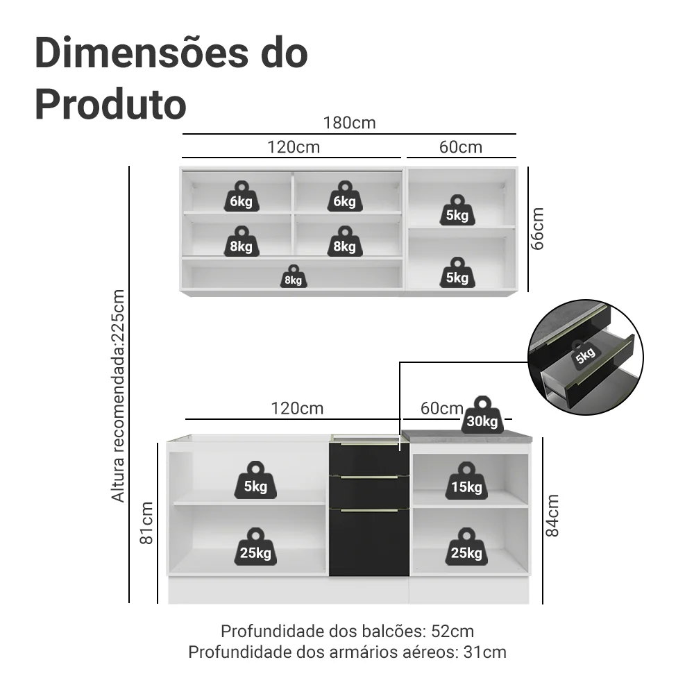 Armário de Cozinha Compacta 180 cm Branco/Preto Lux Madesa 04 - Image 3