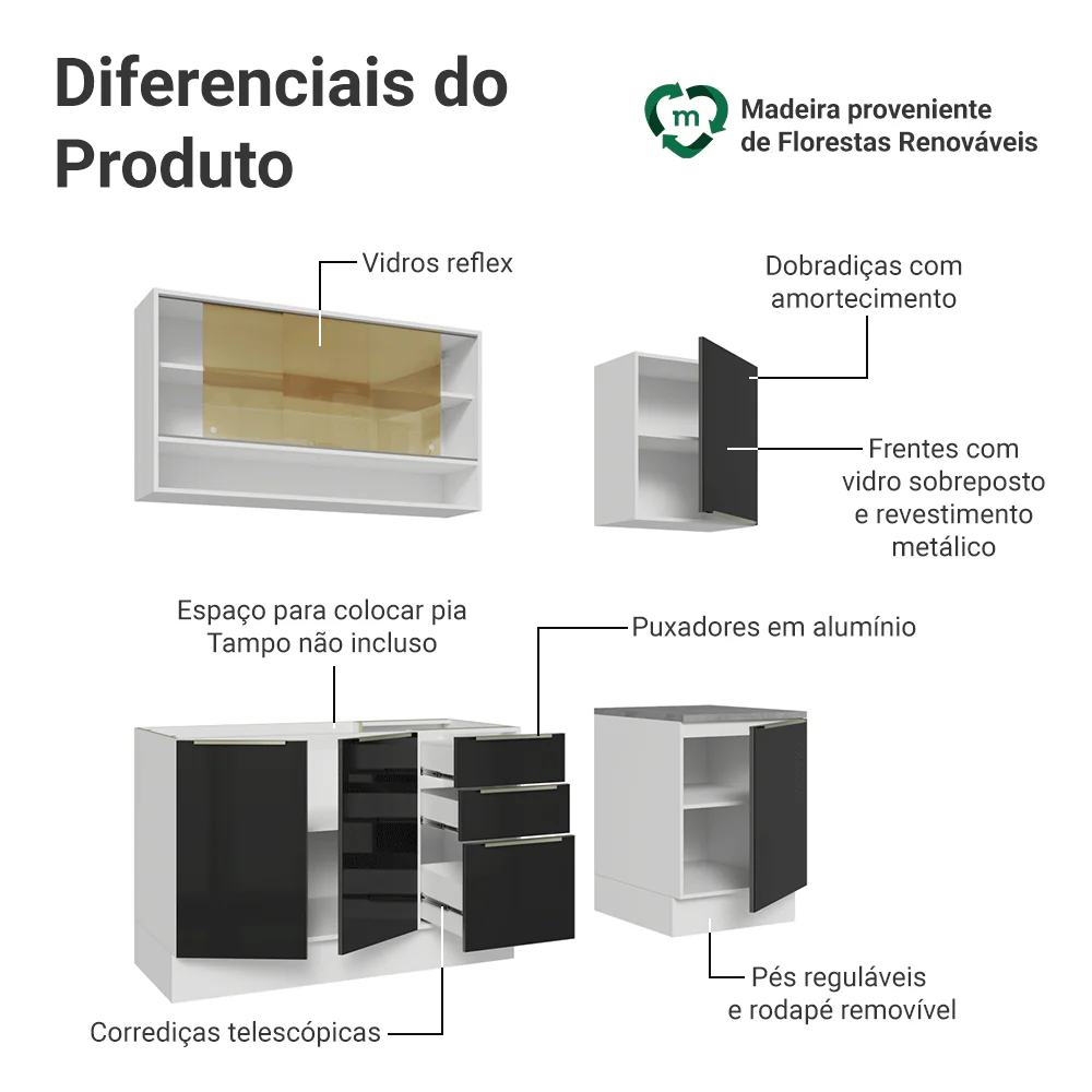 Armário de Cozinha Compacta 180 cm Branco/Preto Lux Madesa 04 - Image 4