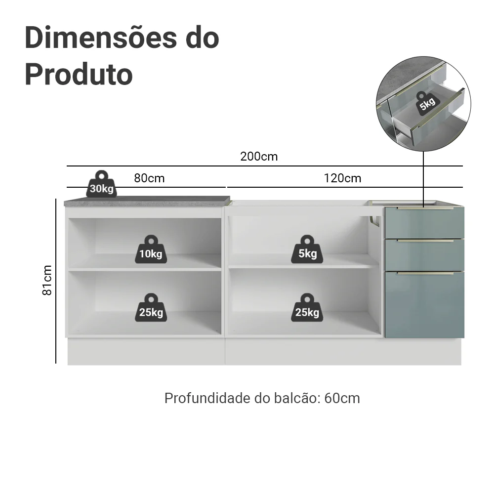 Armário de Cozinha Compacta 200 x 60 cm Branco/Cinza Lux Madesa 06 - Image 3