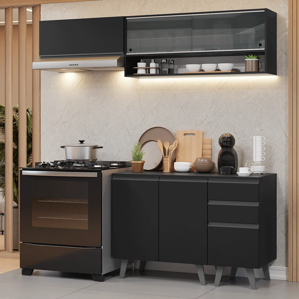 Armário de Cozinha Compacta 200 cm Preto Nice Madesa 14