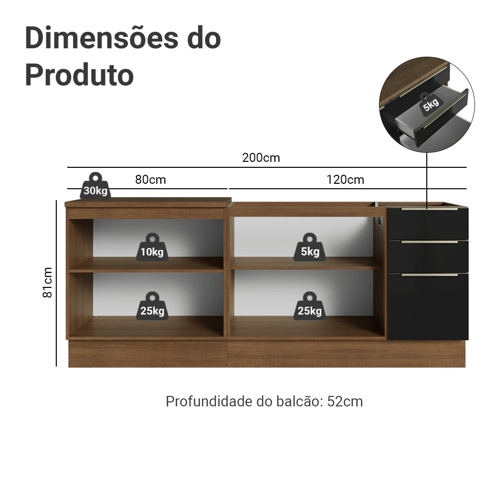 Armário de Cozinha Compacta 200 cm Rustic/Preto Lux Madesa 05 - Image 3