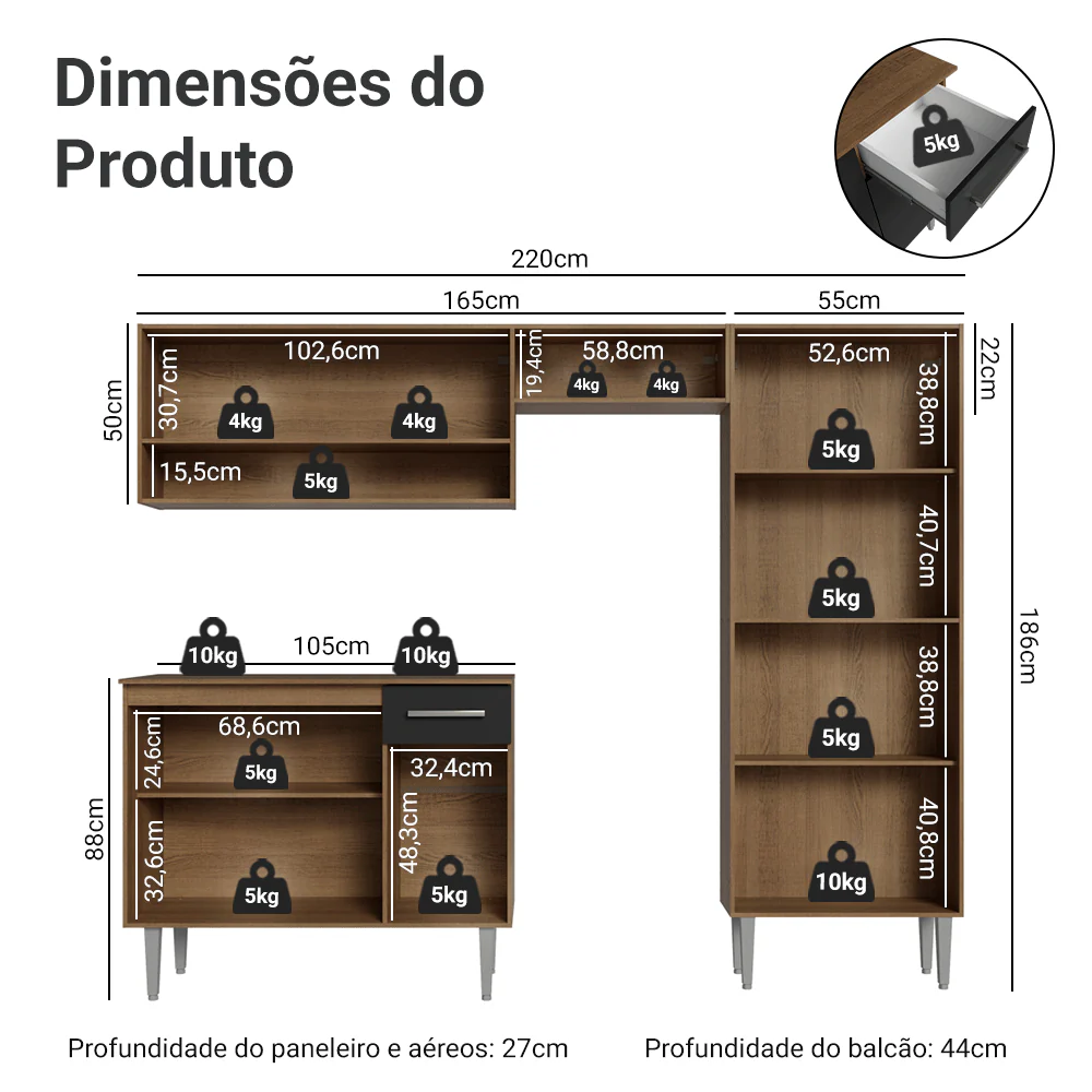 Armário de Cozinha Completa 220 cm Rustic/Preto Deli Madesa 01 - Image 3