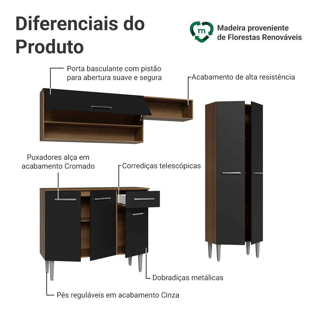 Armário de Cozinha Completa 220 cm Rustic/Preto Deli Madesa 01 - Image 4