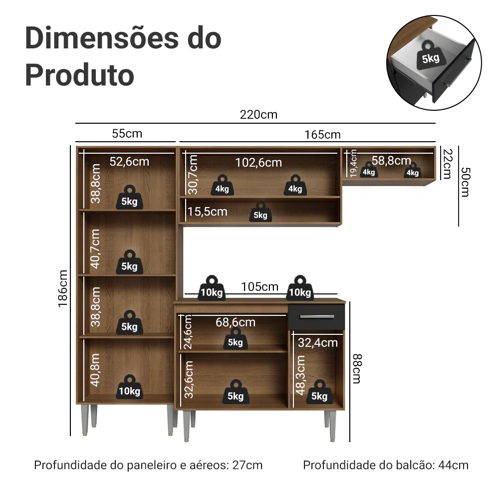 Armário de Cozinha Completa 220 cm Rustic/Preto Deli Madesa 02 - Image 3