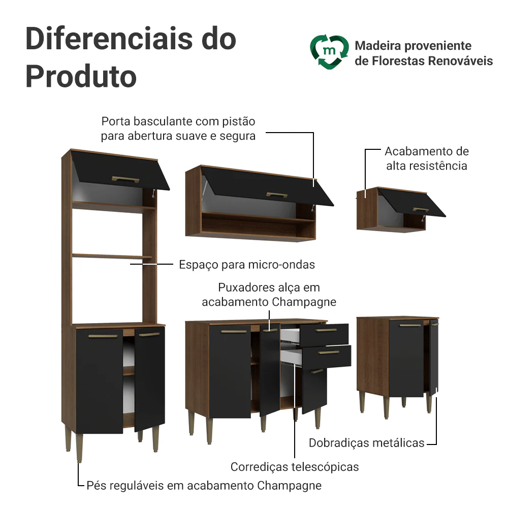 Armário de Cozinha Completa 225 cm Rustic/Preto Lille Madesa 01 - Image 4