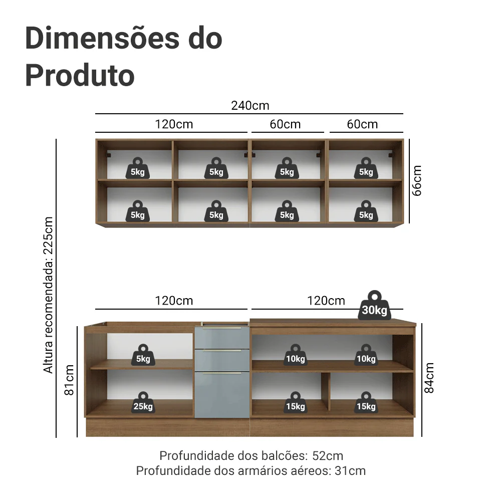 Armário de Cozinha Completa 240 cm Rustic/Cinza Lux Madesa 09 - Image 3