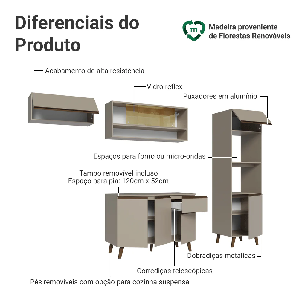 Armário de Cozinha Completa 260 cm Crema Nice Madesa 03 - Image 4