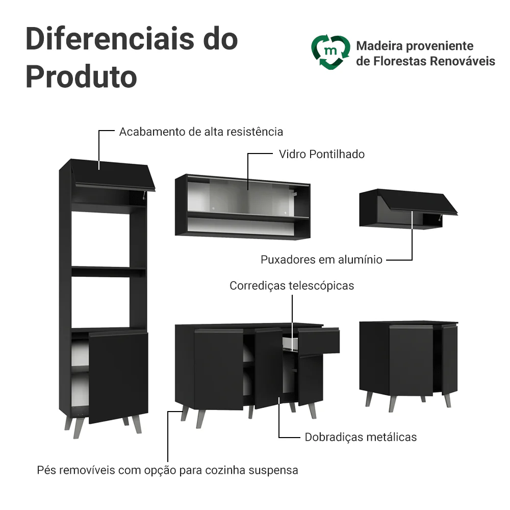 Armário de Cozinha Completa 260 cm Preto Nice Madesa 02 - Image 4