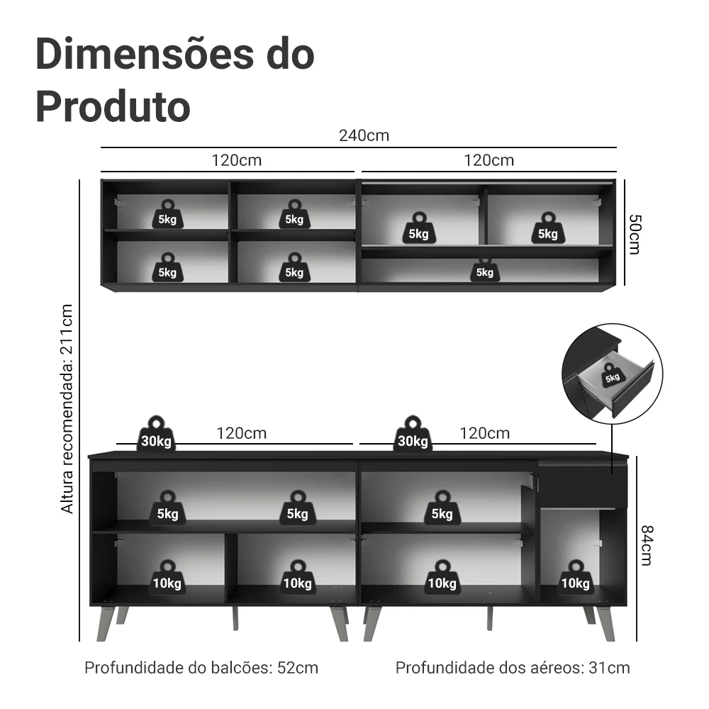 Armário de Cozinha Completa 260 cm Preto Nice Madesa 02 - Image 3