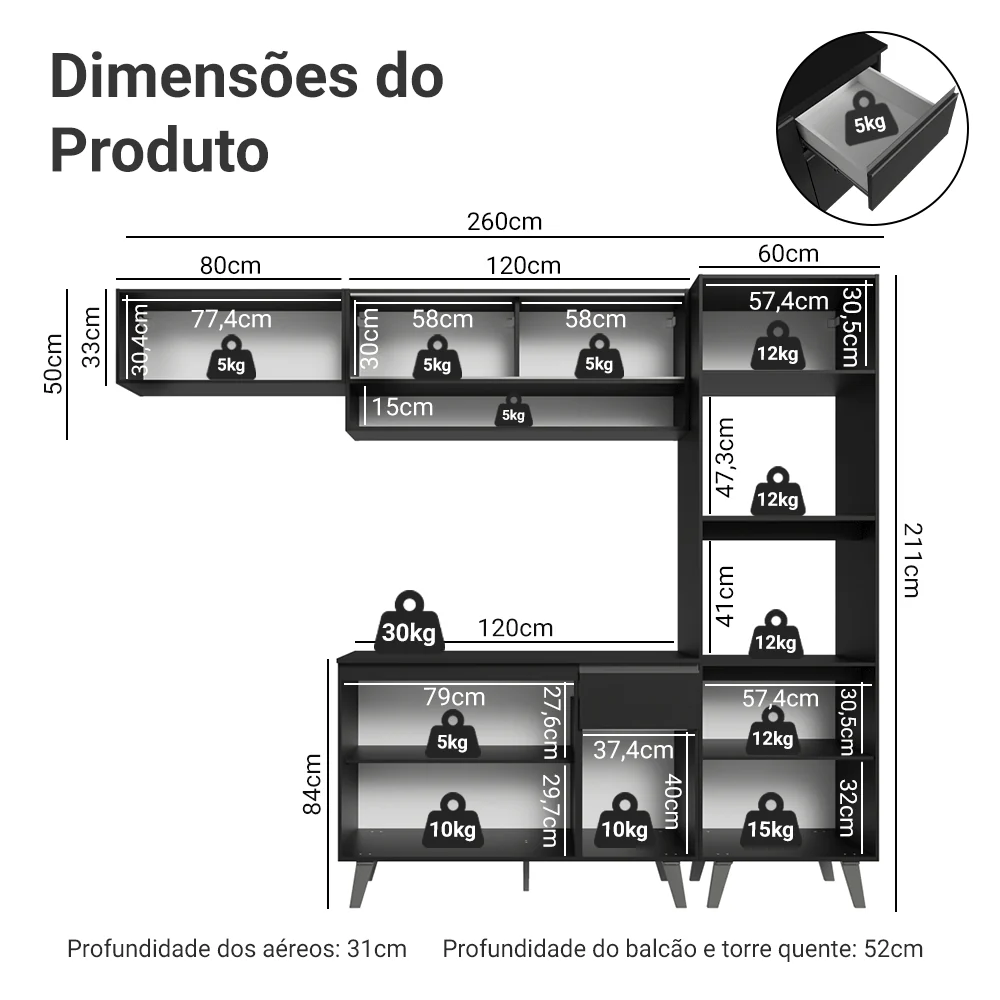 Armário de Cozinha Completa 260 cm Preto Nice Madesa 03 - Image 3
