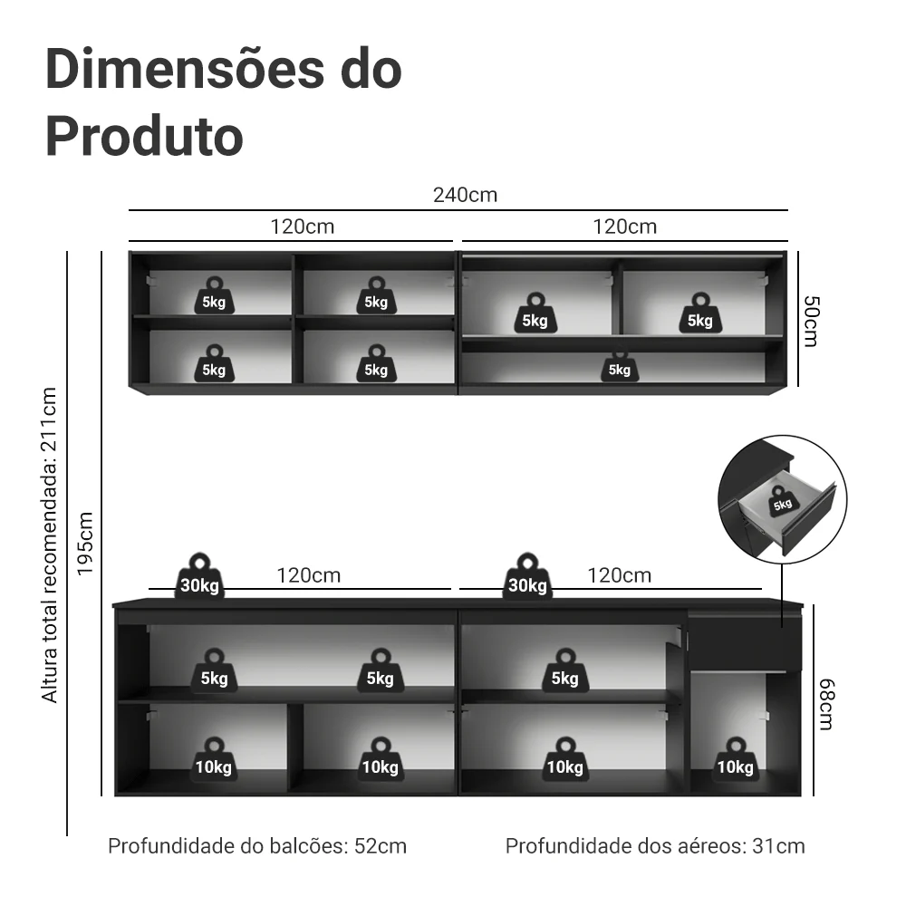 Armário de Cozinha Completa 260 cm Suspenso Preto Nice Madesa 05 - Image 3