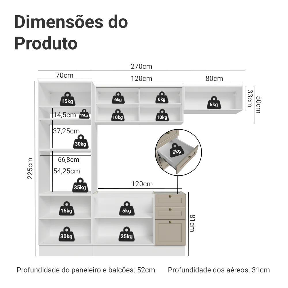 Armário de Cozinha Completa 270 cm Branco/Crema Vik Madesa 03 - Image 3