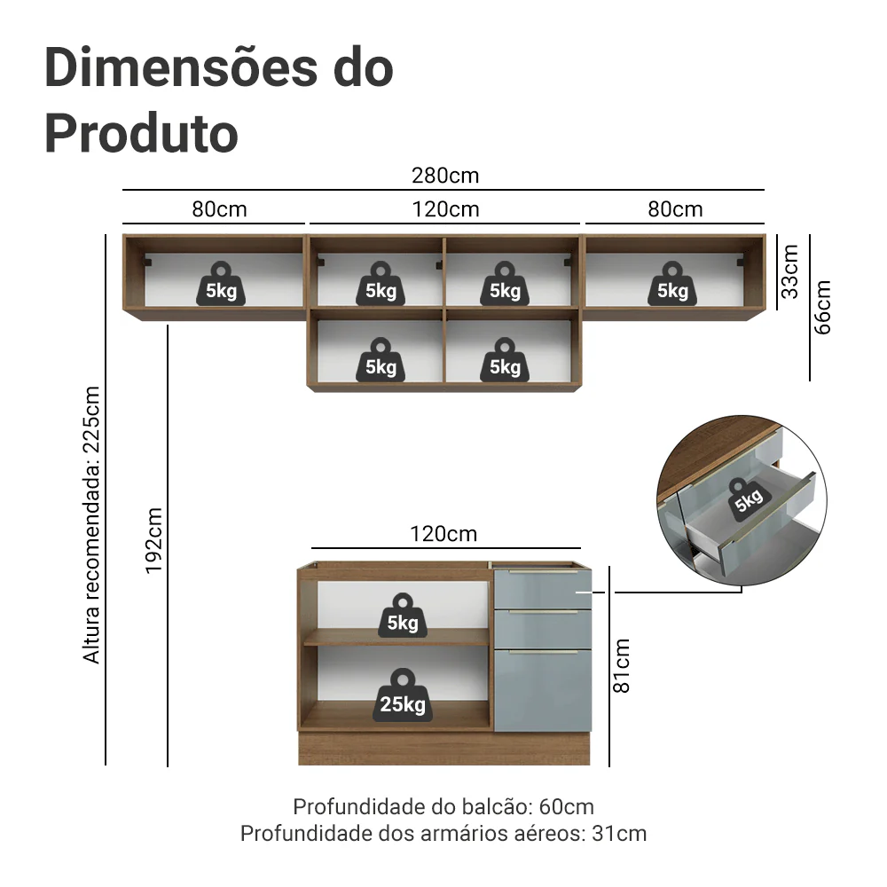 Armário de Cozinha Completa 280 x 60 cm Rustic/Cinza Lux Madesa 02 - Image 3