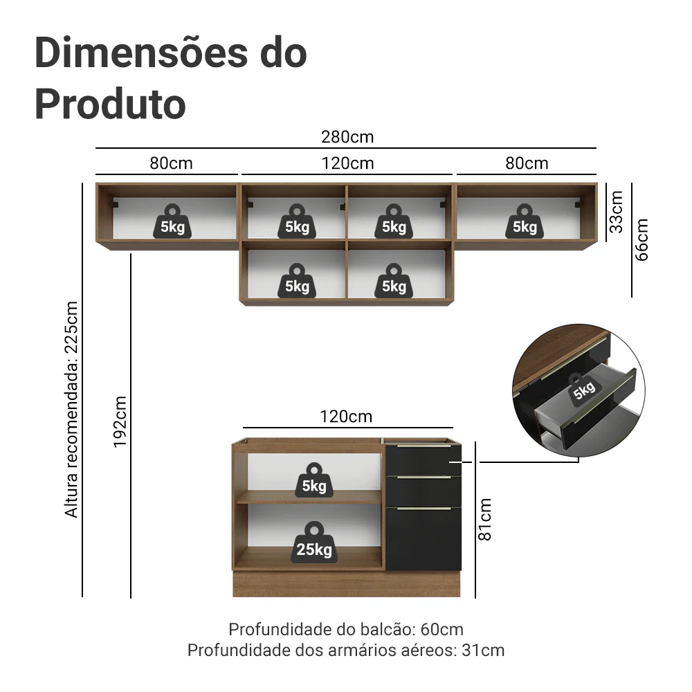 Armário de Cozinha Completa 280 x 60 cm Rustic/Preto Lux Madesa 02 - Image 3