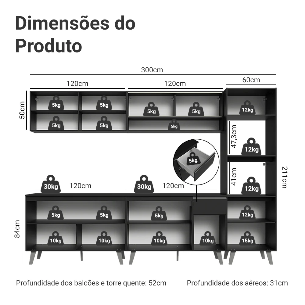 Armário de Cozinha Completa 300 cm Preto Nice Madesa 01 - Image 3