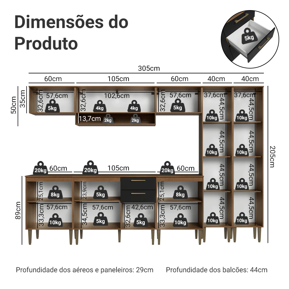 Armário de Cozinha Completa 305 cm Rustic/Preto Lille Madesa 01 - Image 3