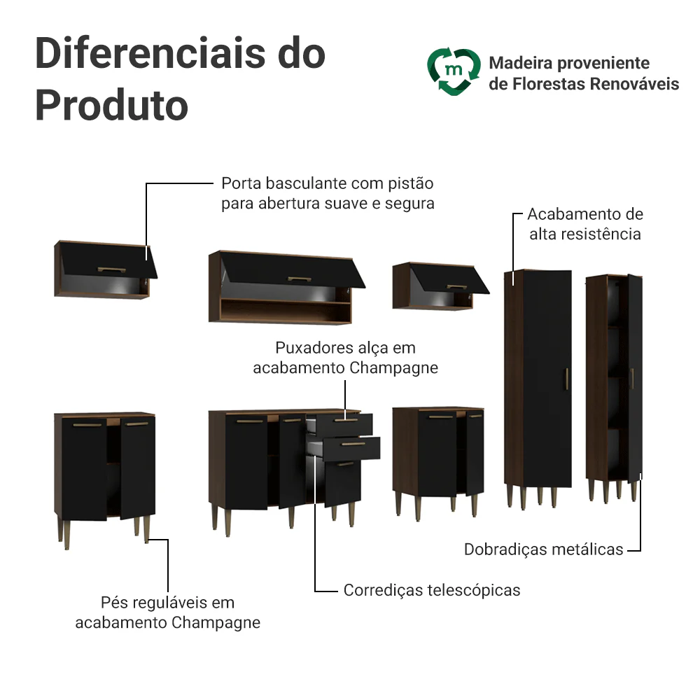 Armário de Cozinha Completa 305 cm Rustic/Preto Lille Madesa 01 - Image 4