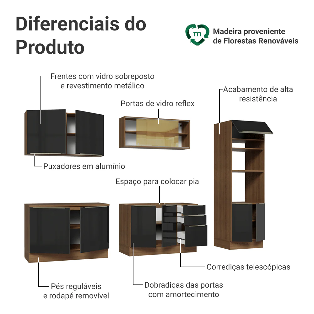 Armário de Cozinha Completa 310 x 60 cm Rustic/Preto Lux Madesa 04 - Image 4