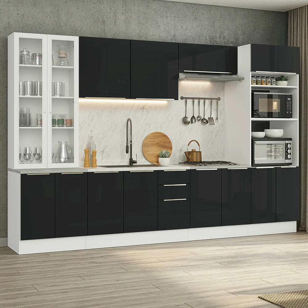 Armário de Cozinha Completa 340 x 60 cm Branco/Preto Lux Madesa 04
