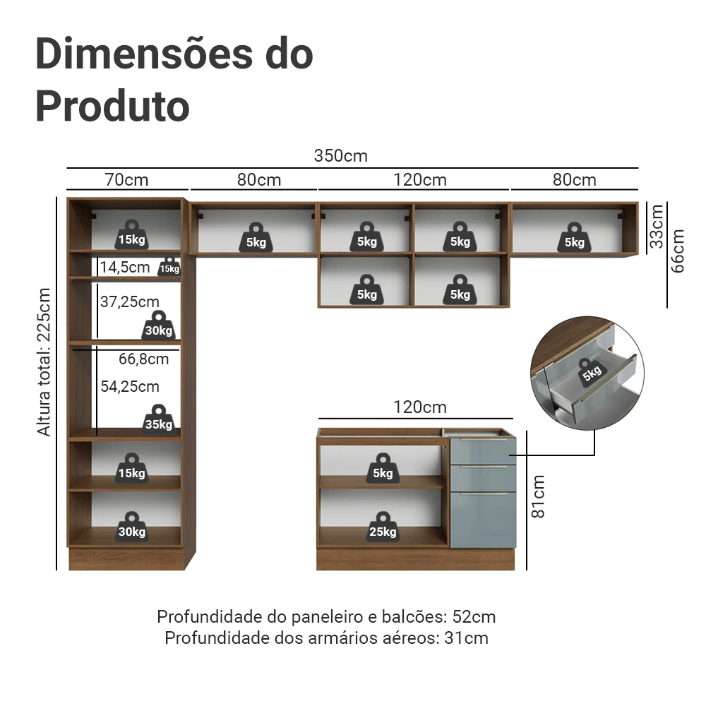 Armário de Cozinha Completa 350 cm Rustic/Cinza Lux Madesa 01 - Image 3