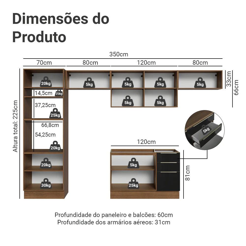Armário de Cozinha Completa 350 x 60 cm Rustic/Preto Lux Madesa 02 - Image 3