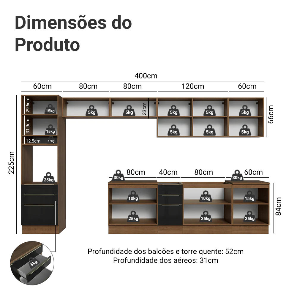 Armário de Cozinha Completa 400 cm Rustic/Preto Lux Madesa 05 - Image 3