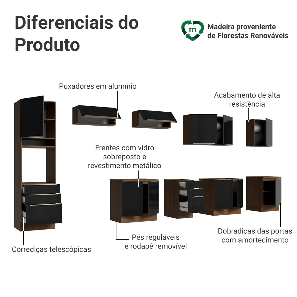 Armário de Cozinha Completa 400 cm Rustic/Preto Lux Madesa 05 - Image 4