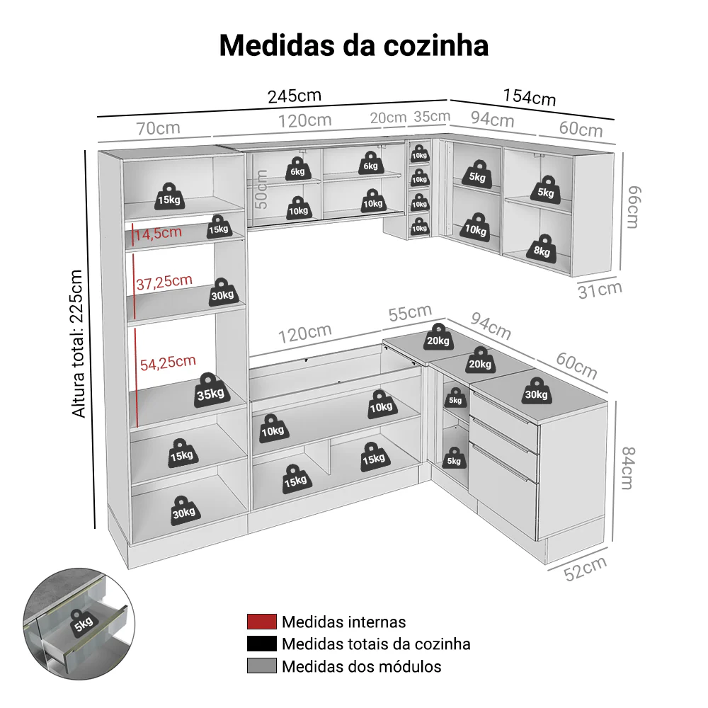 Armário de Cozinha Completa de Canto 399 cm Branco/Cinza Lux Madesa 01 - Image 3