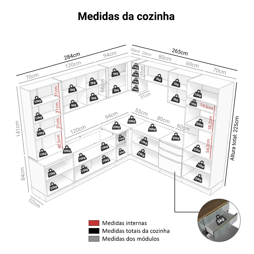 Armário de Cozinha Completa de Canto 549 cm Branco/Cinza Lux Madesa 01 - Image 3