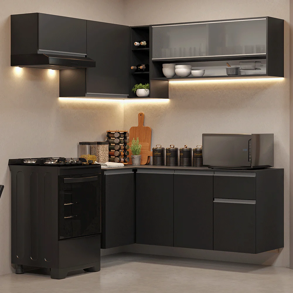 Armário de Cozinha Completa de Canto Suspenso 325 cm Preto Nice Madesa 01