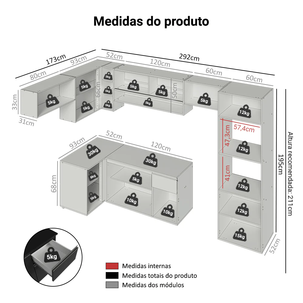Armário de Cozinha Completa de Canto Suspenso 465 cm Preto Nice Madesa 06 - Image 3