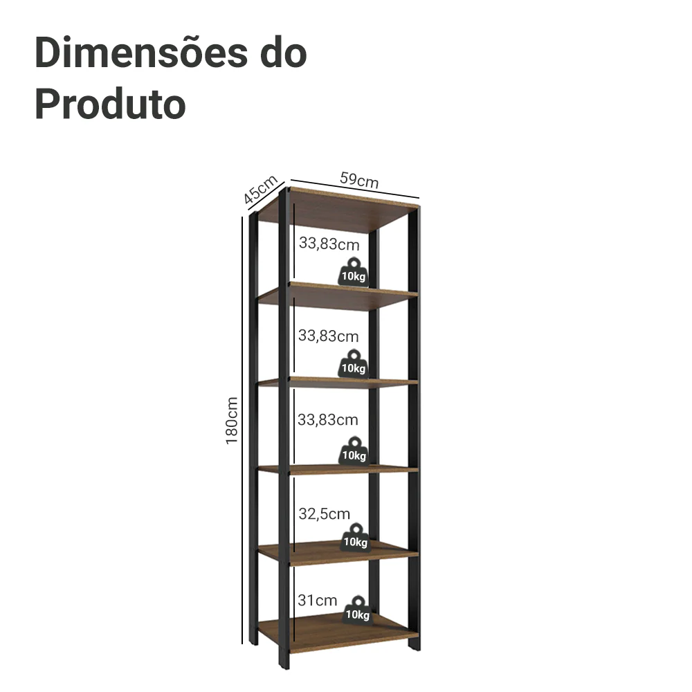 Armário Estante Multiuso Organizador 5 Prateleiras 59cm Rustic/Preto Madesa - Image 3