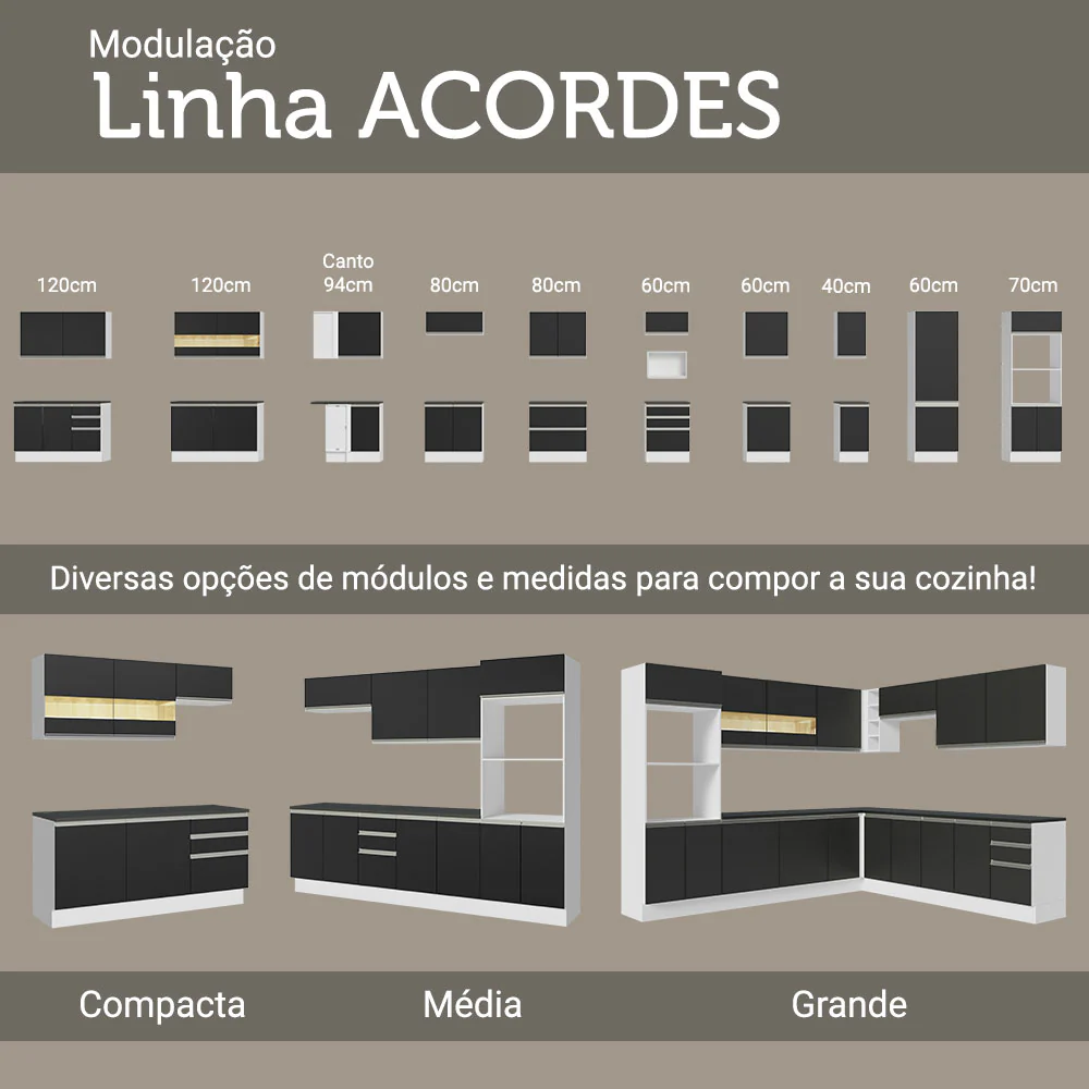 Balcão 100% MDF 60 cm 3 Gavetas Branco/Preto Acordes Madesa - Image 10