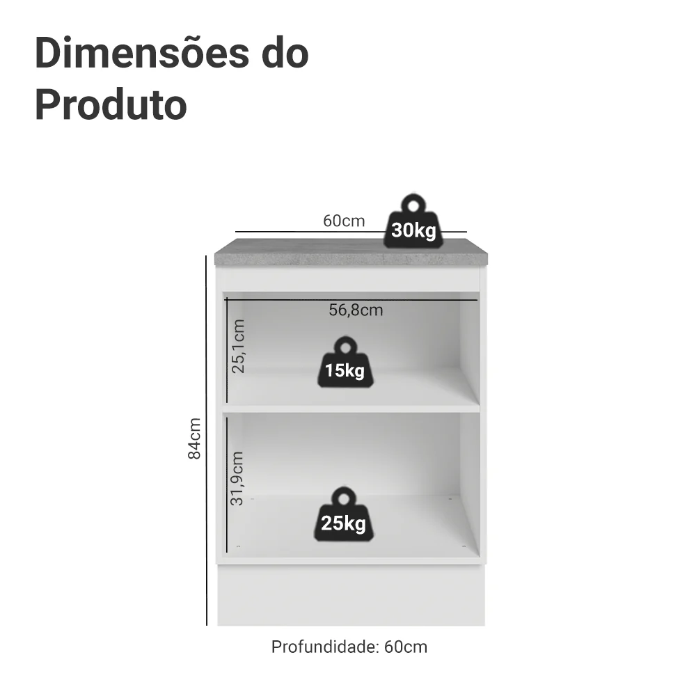 Balcão 60 x 60 cm 1 Porta (Com Tampo) Branco/Cinza Lux Madesa - Image 2