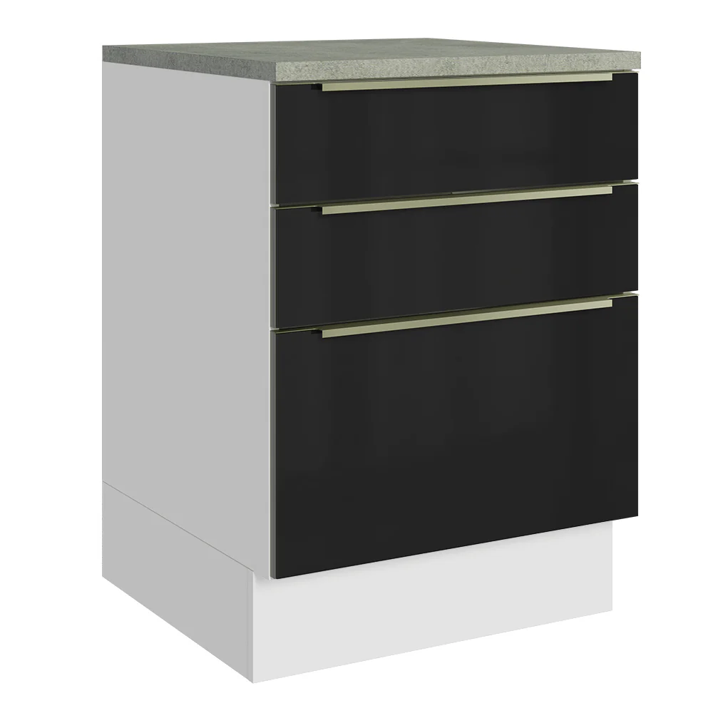 Balcão 60 x 60 cm 3 Gavetas (Com Tampo) Branco/Preto Lux Madesa