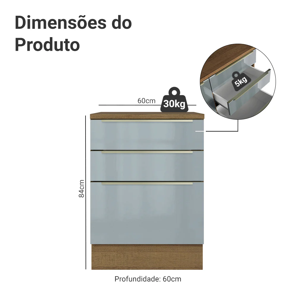Balcão 60 x 60 cm 3 Gavetas (Com Tampo) Rustic/Cinza Lux Madesa - Image 2