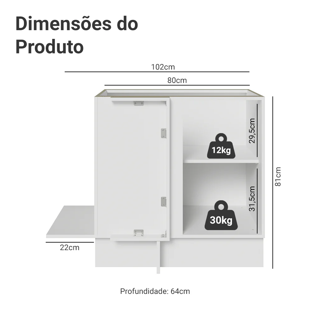 Balcão de Canto para Linha de 60 cm de Profundidade 1 Porta (Sem Tampo) Branco/Branco Veludo Lux Madesa - Image 2