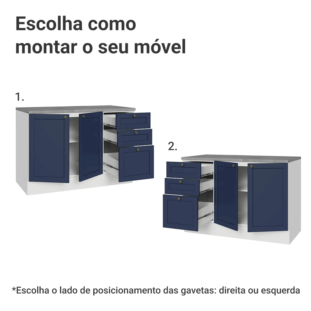 Balcão de Cozinha 120 x 60 cm 2 Portas 3 Gavetas (Com Tampo) Branco/Azul Vik Madesa - Image 4