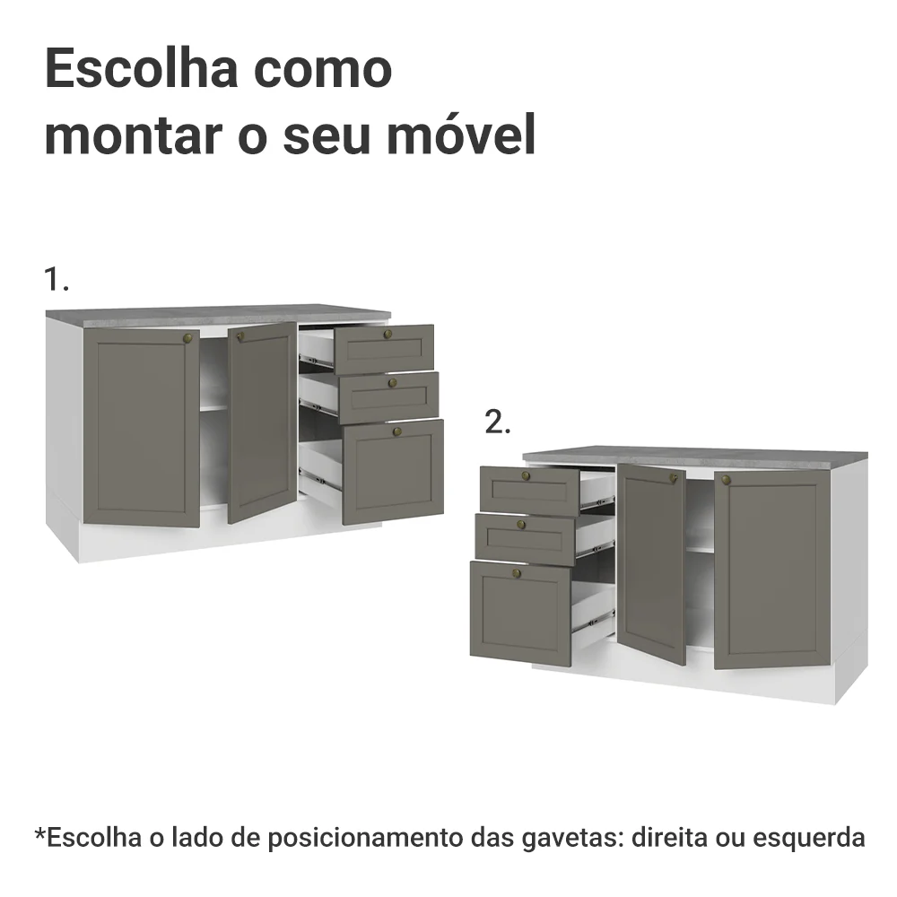Balcão de Cozinha 120 x 60 cm 2 Portas 3 Gavetas (Com Tampo) Branco/Cinza Vik Madesa - Image 4