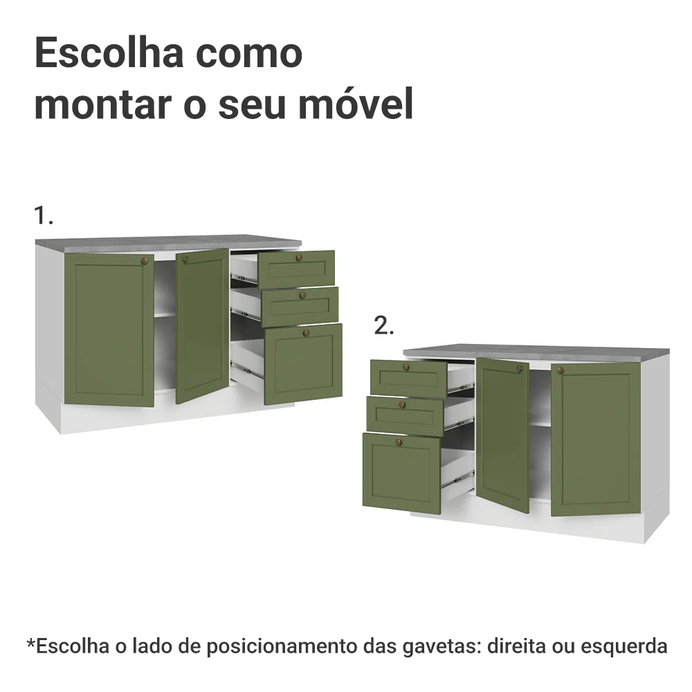 Balcão de Cozinha 120 x 60 cm 2 Portas 3 Gavetas (Com Tampo) Branco/Verde Vik Madesa - Image 4