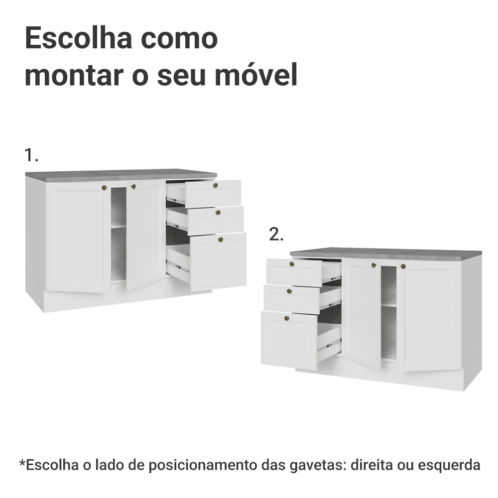 Balcão de Cozinha 120 x 60 cm 2 Portas 3 Gavetas (Com Tampo) Branco Vik Madesa - Image 4