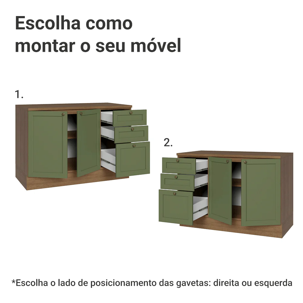 Balcão de Cozinha 120 x 60 cm 2 Portas 3 Gavetas (Com Tampo) Rustic/Verde Vik Madesa - Image 4