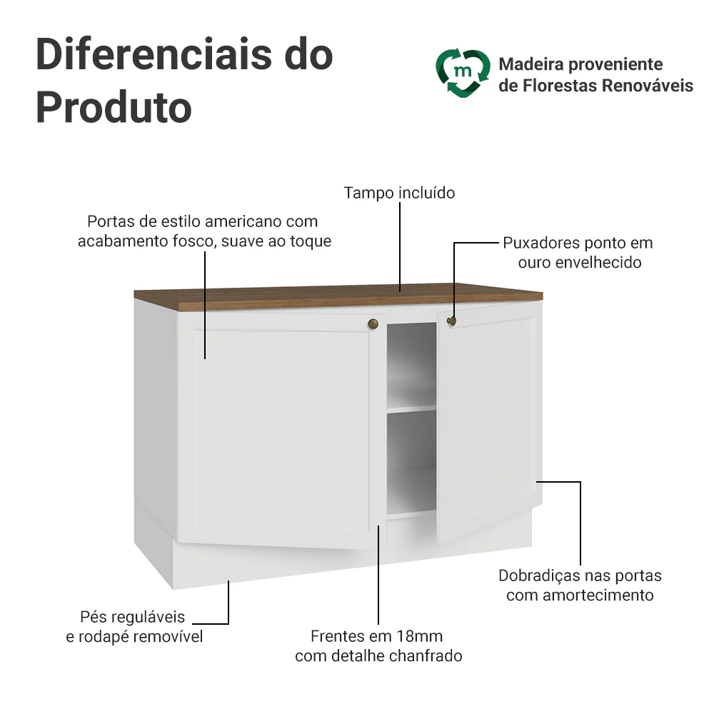 Balcão de Cozinha 120 x 60 cm 2 Portas (Com Tampo) Branco/Rustic Vik Madesa - Image 3