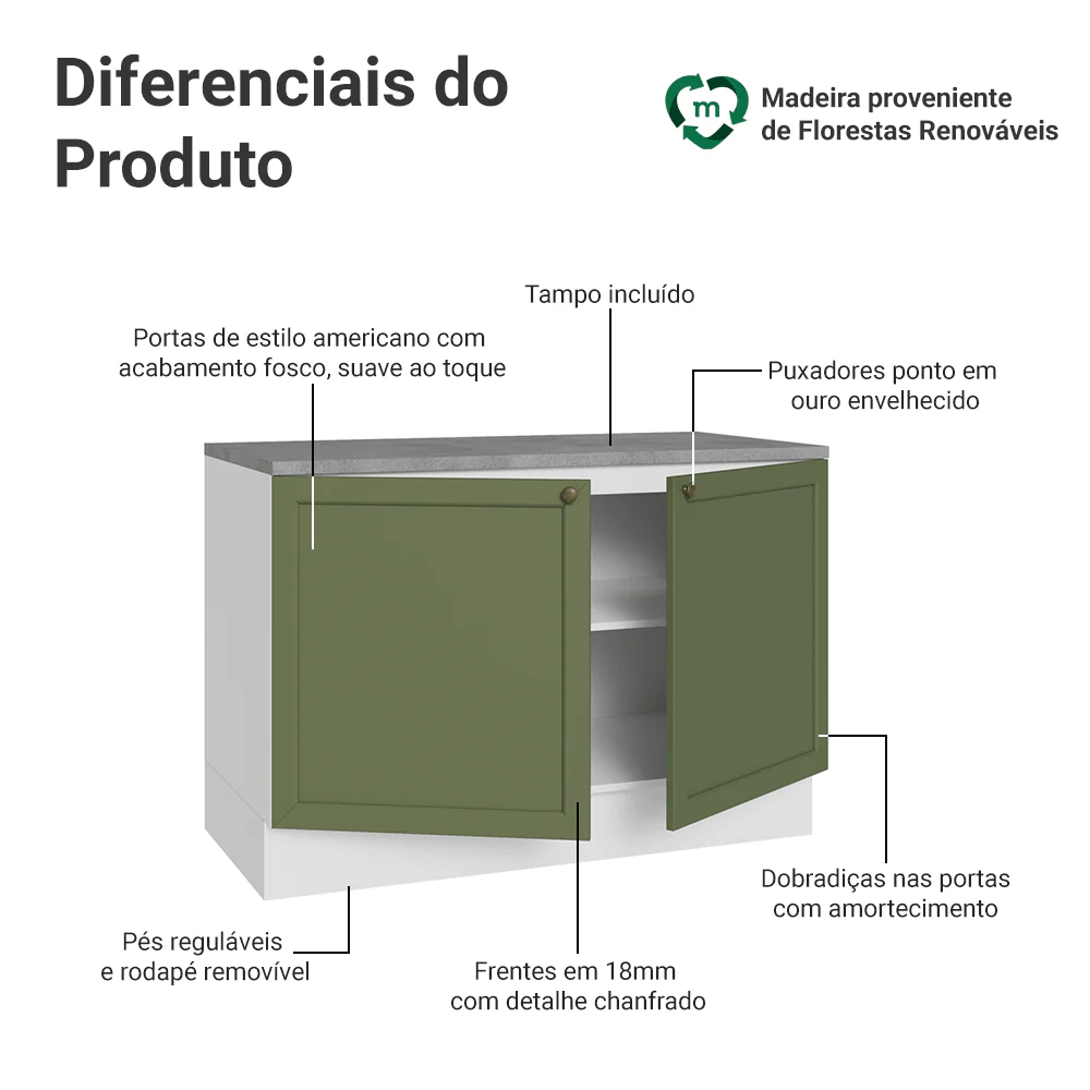 Balcão de Cozinha 120 x 60 cm 2 Portas (Com Tampo) Branco/Verde Vik Madesa - Image 3