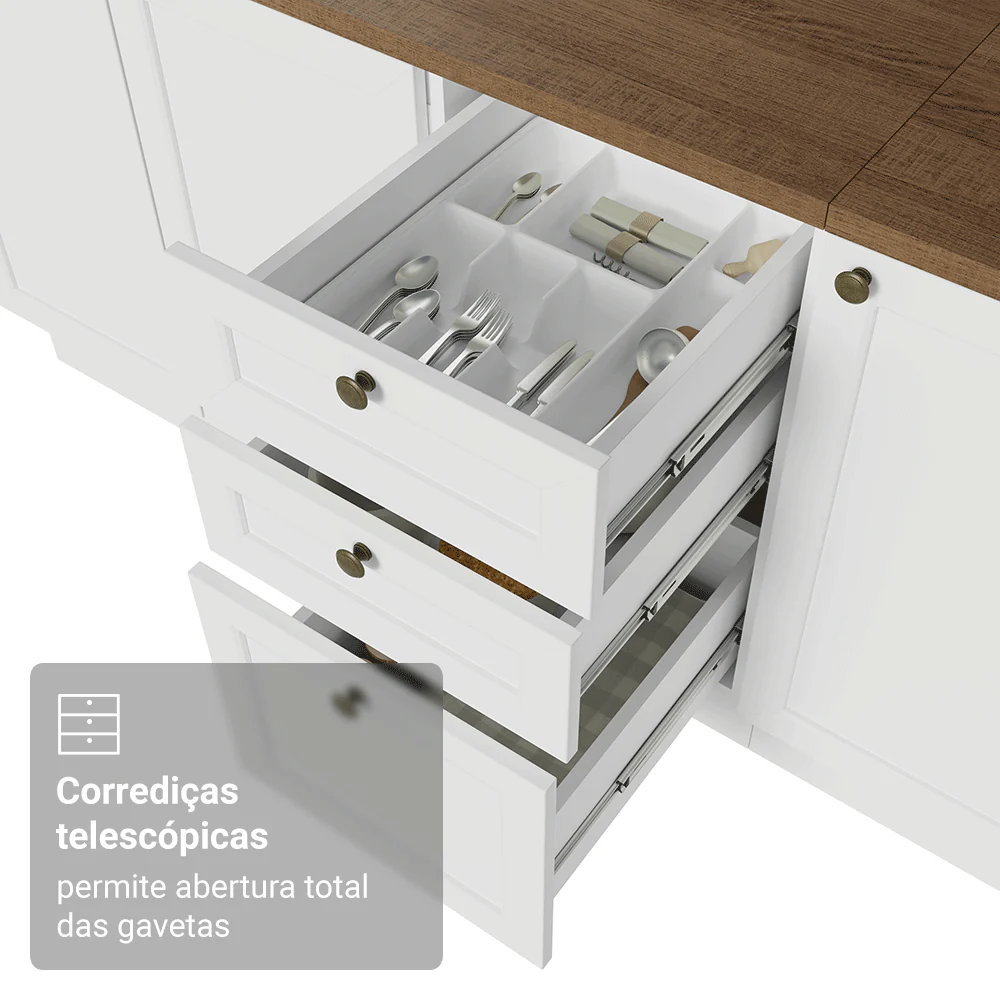 Balcão de Cozinha 120 cm 2 Portas 3 Gavetas Branco Tampo Rustic Vik Madesa - Image 7