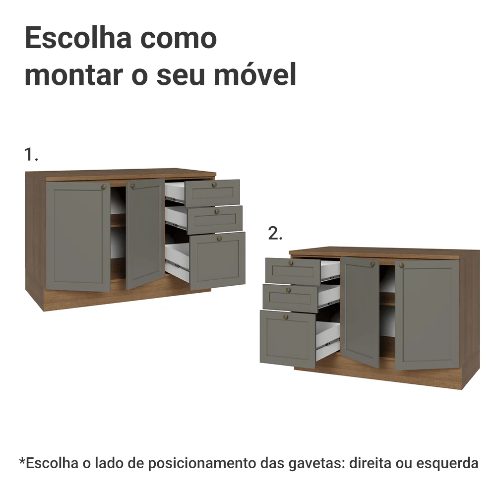 Balcão de Cozinha 120 cm 2 Portas 3 Gavetas Rustic/Cinza Vik Madesa - Image 4