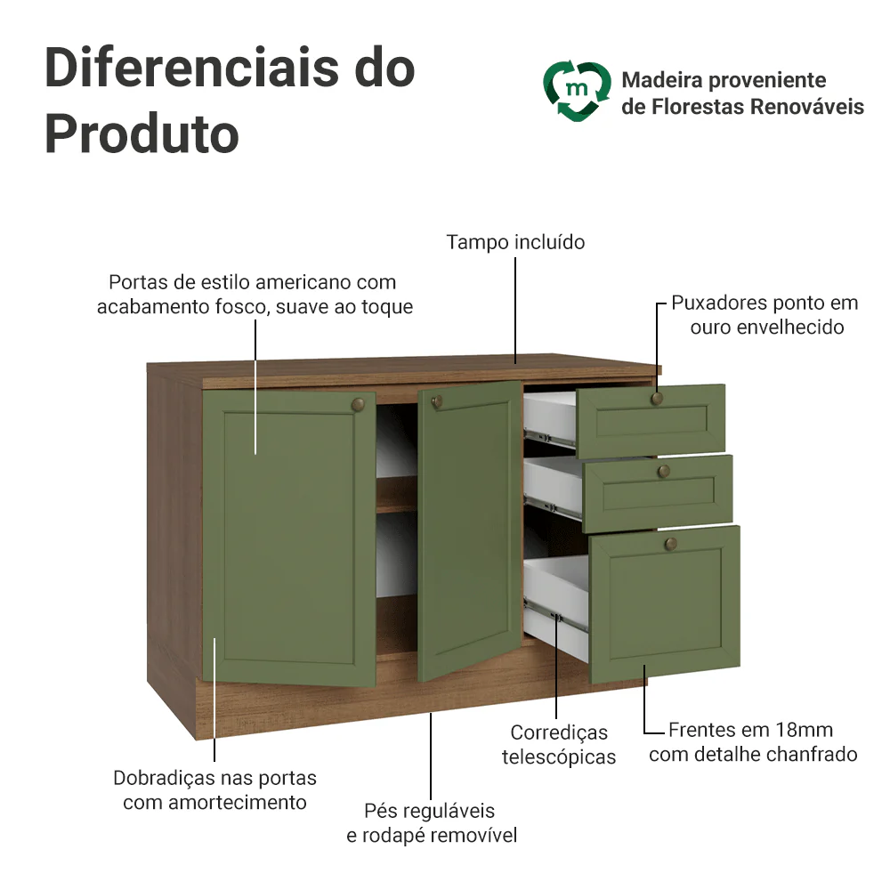 Balcão de Cozinha 120 cm 2 Portas 3 Gavetas Rustic/Verde Vik Madesa - Image 3