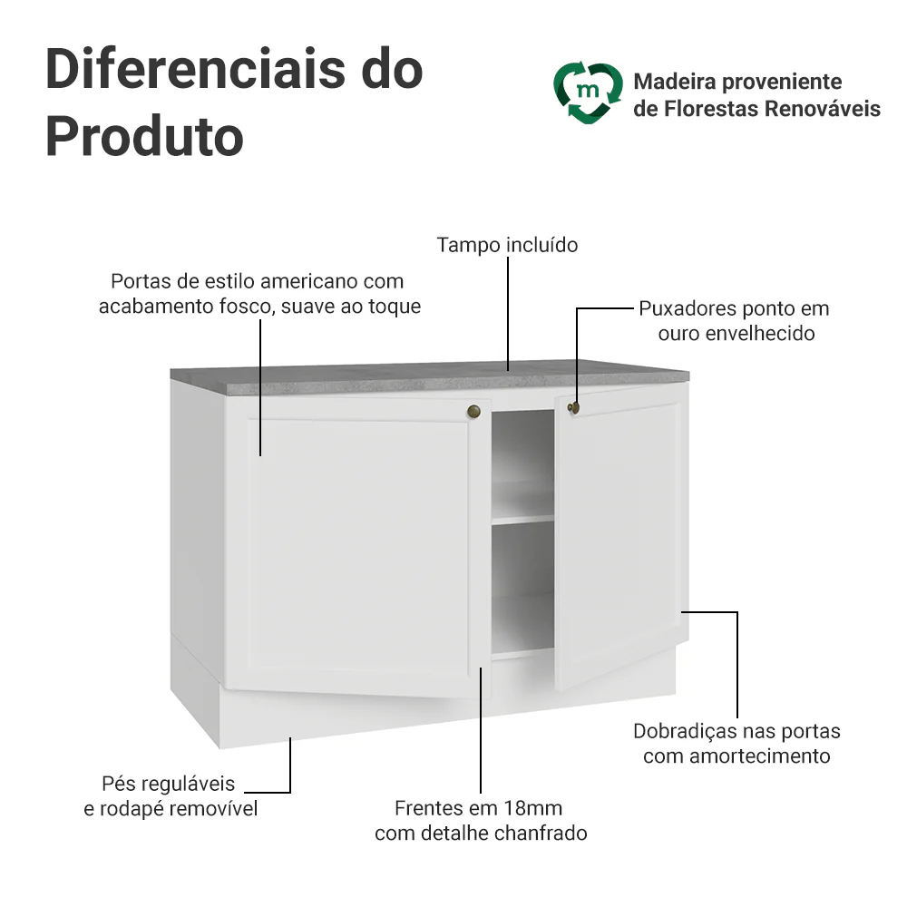 Balcão de Cozinha 120 cm 2 Portas Branco Vik Madesa - Image 3