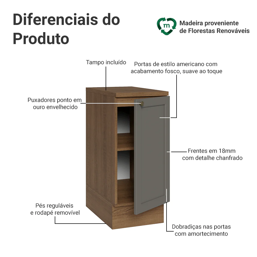 Balcão de Cozinha 35 x 60 cm 1 Porta (Com Tampo) Rustic/Cinza Vik Madesa - Image 3