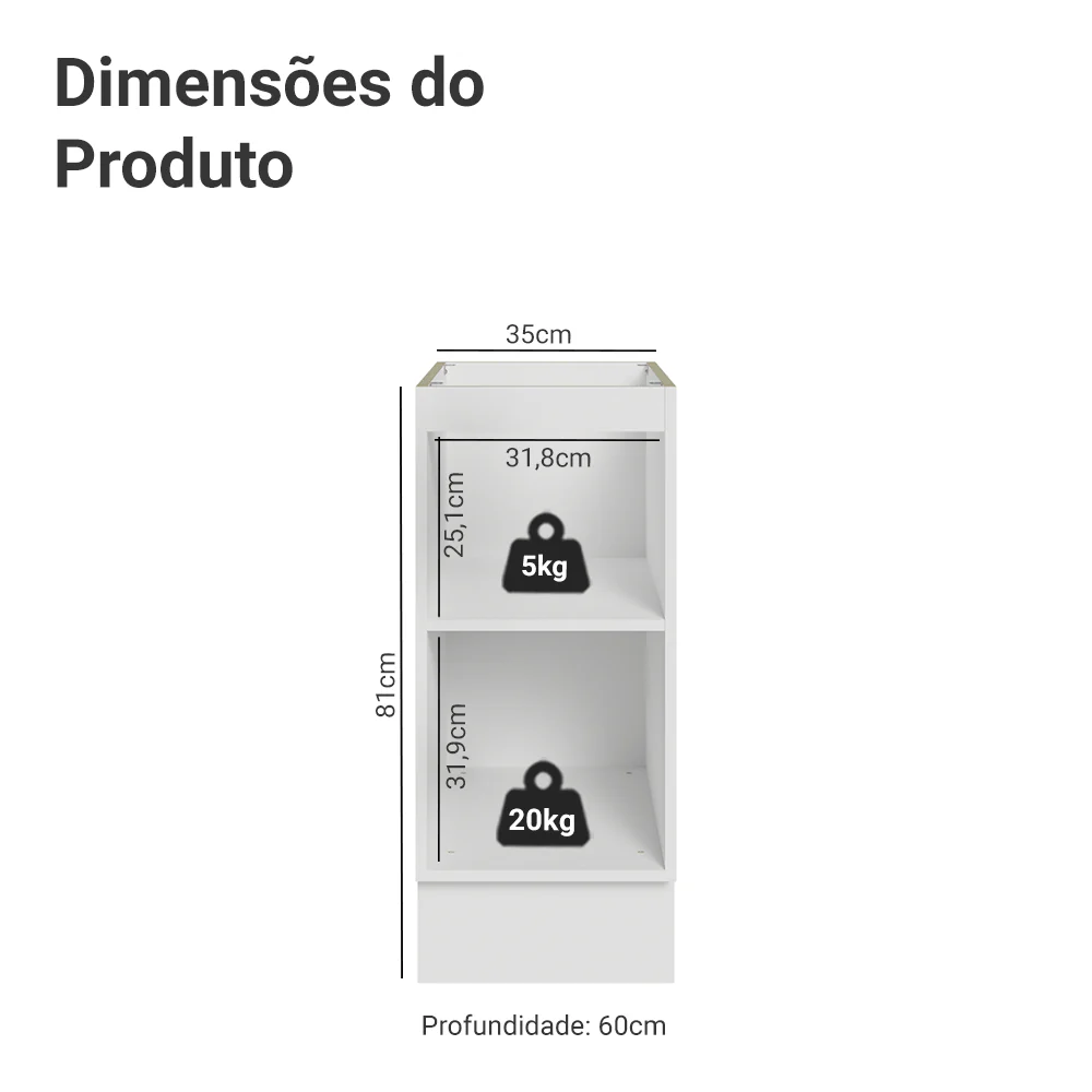 Balcão de Cozinha 35 x 60 cm 1 Porta (Sem Tampo) Branco Vik Madesa - Image 2